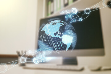 Aufkleber - Creative abstract robotics technology sketch with globe and modern desk with computer on background, future technology and AI concept. Double exposure