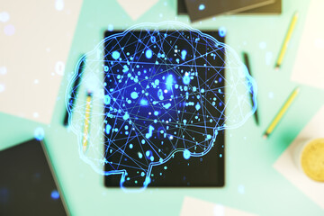 Poster - Double exposure of creative human brain microcircuit and modern digital tablet on background. Future technology and AI concept