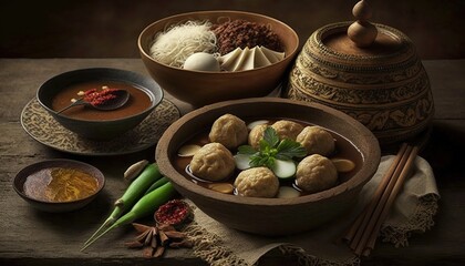 Wall Mural - Traditional Indonesian Bakso in a Variety of Flavors Generative AI