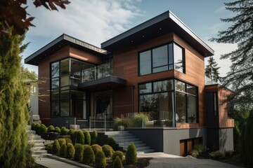 Canvas Print - modern and contemporary residential home, with sleek lines and glass exterior, created with generative ai