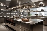 Fototapeta  - contemporary kitchen with sleek stainless steel countertops and floating shelves, created with generative ai