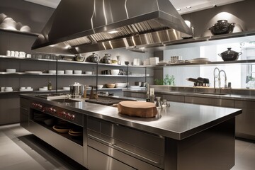 Canvas Print - contemporary kitchen with sleek stainless steel countertops and floating shelves, created with generative ai