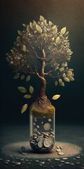 Wall Mural - at the side of the little tree, a pile of coins serves as a savings generative ai
