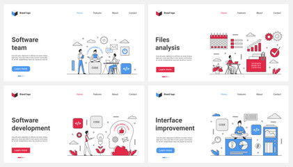Poster - Software development and program interface improvement, file analysis set vector illustration. Cartoon tiny team of coders and engineers develop and test program code, people work with digital data