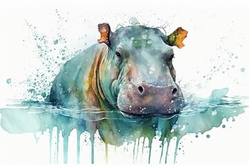 Wall Mural - Watercolor hippo illustration white background,Generative AI