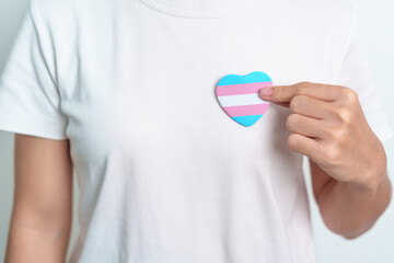 Transgender Day and LGBT pride month,  LGBTQ+ or LGBTQIA+ concept. hand holding blue, pink and white heart shape for Lesbian, Gay, Bisexual, Transgender, Queer and Pansexual community