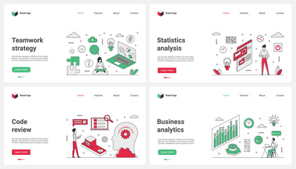 Wall Mural - Business analytics and statistics, code review, teamwork strategy set vector illustration. Cartoon tiny people analyze financial data charts on dashboard, work with digital reports on desktop