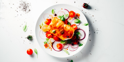 Wall Mural - Fried cod with a salad garnish of lettuce, cherry tomatoes and red onions with sesame seeds, white table background, top view