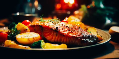 Wall Mural - Fried salmon steak with potatoes and vegetables on a wooden table