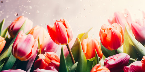  Spring floral background made of blooming tulips with water drops