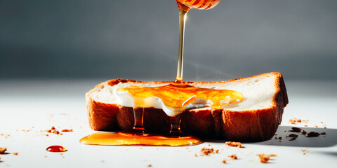 Wall Mural - Slice of toast with yogurt and honey on white background