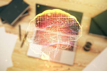 Aufkleber - Double exposure of creative human brain microcircuit with computer on background. Future technology and AI concept