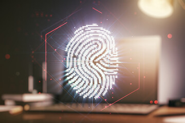 Poster - Multi exposure of abstract fingerprint scan interface on computer background, digital access concept