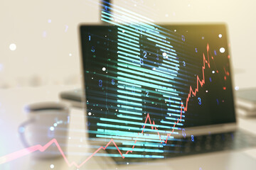 Poster - Creative Bitcoin concept with modern computer background. Double exposure