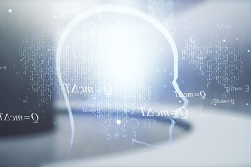Aufkleber - Abstract virtual artificial Intelligence interface with human head hologram on empty corporate office background. Multiexposure