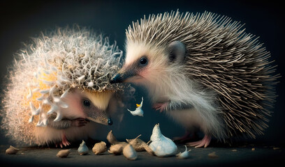 Wall Mural - Pair of adorable cute hedgehogs isolated on the black backdrop. Close up. Generative AI.