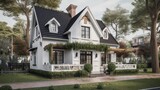 Fototapeta Miasto - Cottage exterior house design in daytime golden hour generative ai