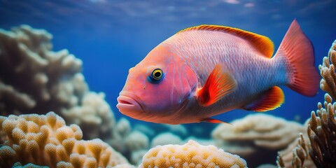 Canvas Print - Amazing red sea coral fish. copy space and horizontal position. a narrowing of attention. Generative AI