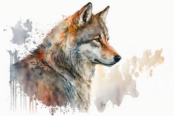  Watercolor white wolf illustration white background,Generative AI