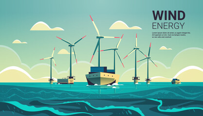 offshore wind farm with turbines and ship in sea or ocean renewable water station energy production 