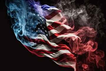 Wall Mural - AI generated american flag form smoke on black background at USA independence day