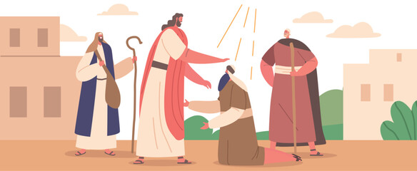 Wall Mural - Jesus Heals Man Standing on Knees, Performing Miracles And Demonstrating His Divine Power Through Compassion And Faith