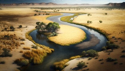 Wall Mural - River amid a vast, arid grassland, seen from above. Generative AI