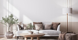 Fototapeta  - Modern living room design, minimal home decor with white sofa and neutral colors, interior mockup, 3d render 