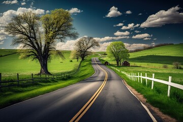 Wall Mural - Shown above is a gorgeous scene of a road near Austin, Pennsylvania, with lush green hills and a blue sky. Generative AI