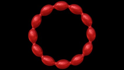 Poster - Animation of red metaballs forming frames isolated on black background. Motion of metaball morphing, merging and flowing forming geometric shapes in 3d rendering.