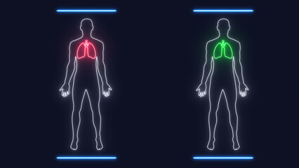 Diagnostic in clinic of respiratory system. Human outlines scanning with MRI sick asthma smoker lungs. Interface exam lung in sick red and healthy green state. Concept of diagnosis medicine and