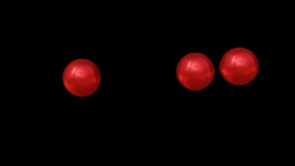 Poster - Animation of rotating red metaballs . Motion of metaballs morphing, merging and flowing forming geometric shape in 3d rendering.