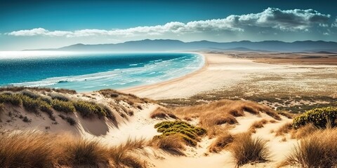 Poster - In the bright sunshine of a Tarifa, Spain, beach, you can see the ocean and the mountains in the distance. Generative AI