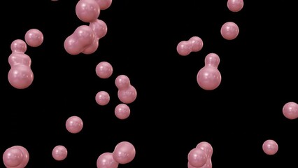 Poster - Animation of Falling pink metaballs. Round spheres rotation on black background. Motion of metaballs morphing, merging and flowing in 3d rendering.