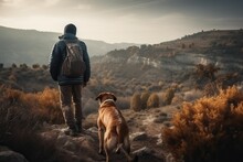 Man Hiking With Dog, Mountain Travel (Ai Generated)
