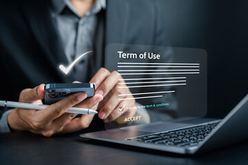Businessman Sign Terms of use concept, reading terms and conditions of website or service before clicking button agree. Terms and conditions of contract