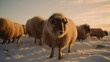 Icelandic sheep with beautiful landscape in the golden hour
