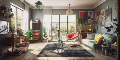 Wall Mural - Eclectic interior design room with beautiful lightning generative ai