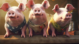 Fototapeta  - trzy świnki oparte o blat ubrane w wiejski strój
