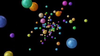 Poster - abstract black background with colorful 3d spheres or balls moving fast in different directions