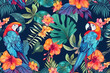 An exotic tropical pattern features vibrant parrots and colorful flowers, evoking the lush beauty and vibrancy of tropical landscapes