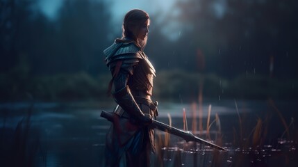Fantasy fighter with blade by the pond (ai generate)