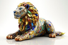 3D Model Of Lion Made Of Stained Glass In Majestic Pose, Looking At Me, Product Photo With White Background