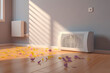 Air conditioner with currents of cold air stands on the floor in the room 3d illustration