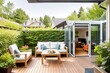 © inspiretta - Trendy outdoor patio, cosy terrace with furniture, generative ai image