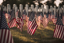 American Flags At The Cemetery, Veterans Memorial Day, Generative AI