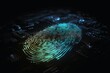 Detailed fingerprint made of glowing light on a dark technical background created with generative AI technology.