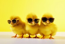 Three Yellow Chicks With Sunglasses Created With Generative AI Technology.