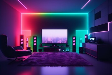 Wall Mural - Gamer room with RGB lights, neon colors. Gamer Streamer space. Modern workspace with computer on the desk. Generative AI.