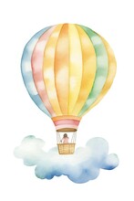 Watercolor Colorful Hot Air Balloon Surrounden By Clouds, Pastel Colors. Wall Art. Vector Illustration. White Background. Generative AI